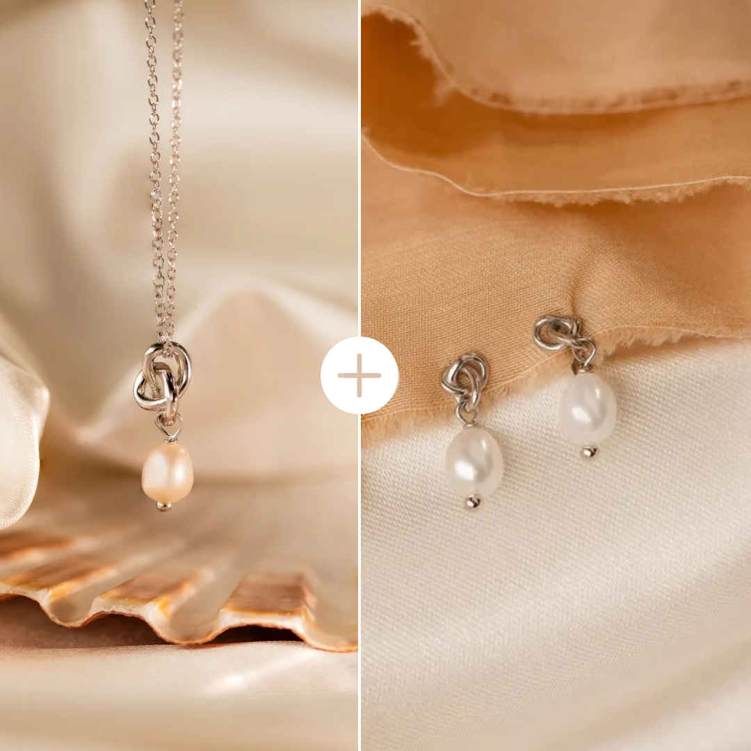 Conjunto de colar e brincos de pérolas Knot COMPRE 2 PAGUE 1